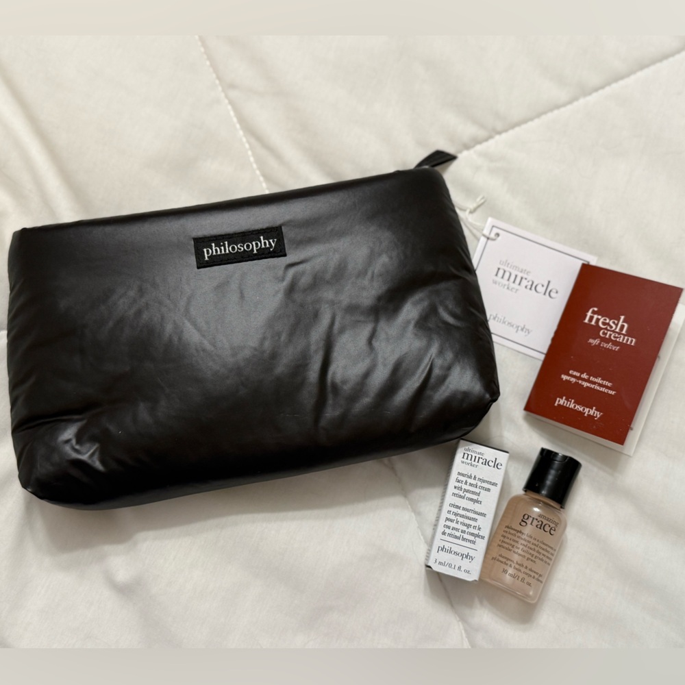 Philosophy Skincare and Black Puffer Bag